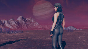 Andreja in tight pants with a planet in the sky